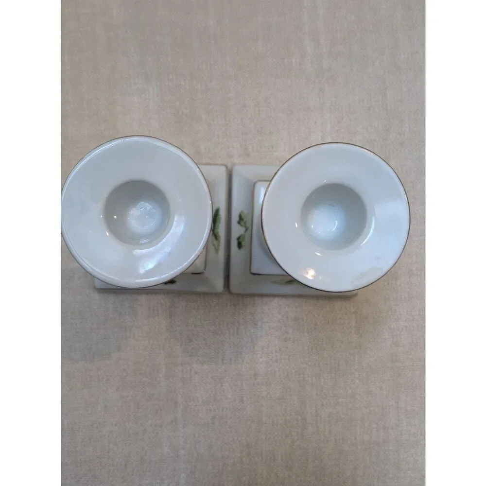 Porcelain Floral Candle Holders - White with Green and Floral Accents
